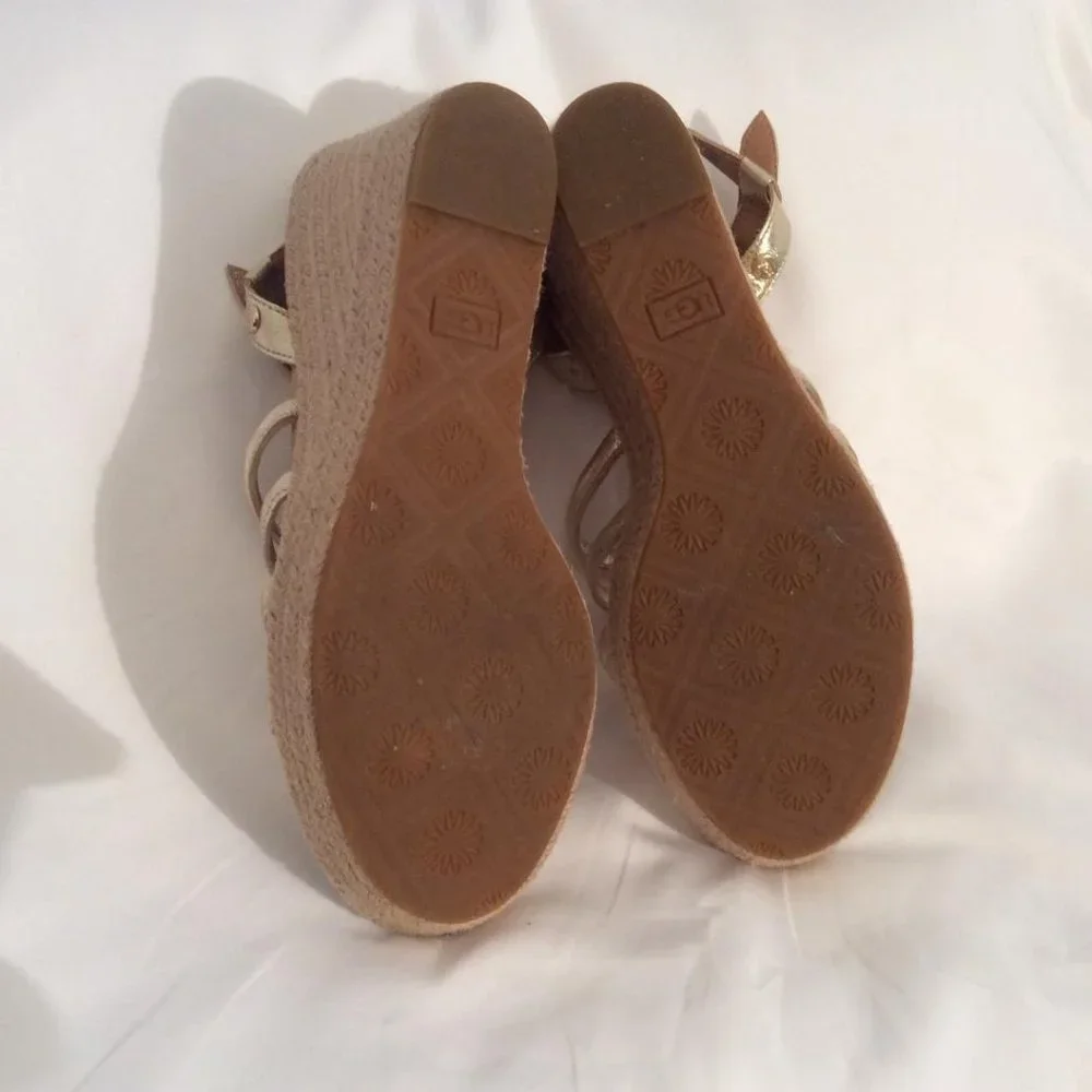 UGG "Cressida" NWOB Metallic Gold Leather Espadrille straw Wedge Sandals Size 9 - Picture 4 of 9